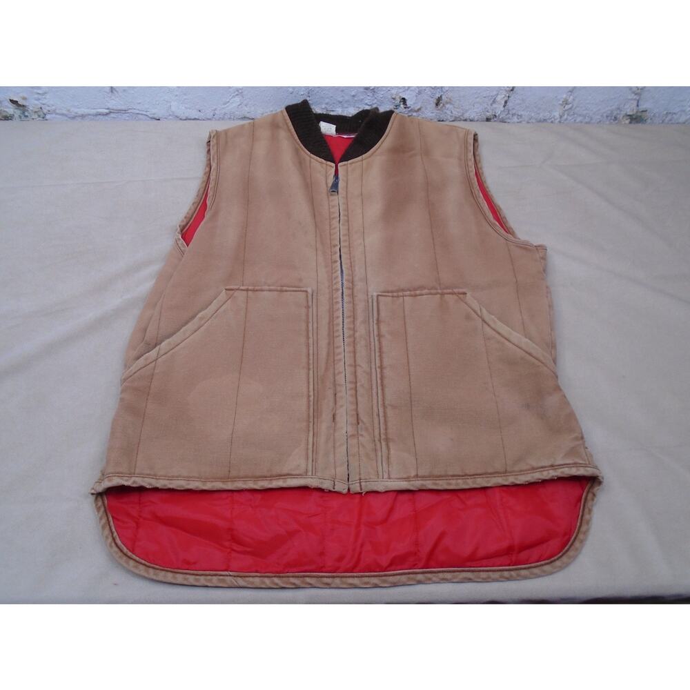 VTG 80s Big Smith Full Zip Vest Tan Canvas Lined Quilted Size Large Workwear